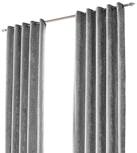 Sienna Silver Crushed Velvet Curtain Eyelet Ring Top Pair of Fully Lined Curtains, Soft Luxury Light Blocking Curtains for Bedroom Living Room 2 Panel, 66 x 90