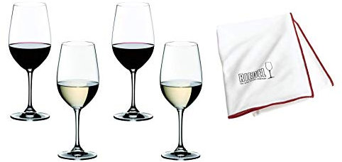 RIEDEL Vinum 4 x Weißwein Rotwein Set mit Glastuch, Riesling Grand Cru/Zinfandel (7416/54 + 5010/07) Vorteilsset