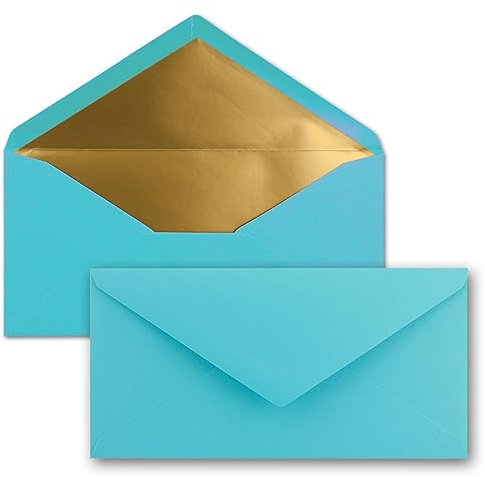50 Brief-Umschläge DIN Lang - Türkis mit Gold-Metallic Innen-Futter - 110 x 220 mm - Nassklebung - festliche Kuverts für Einladungen