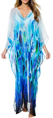 Bsubseach Women Blue Leaf Print Chiffon Beach Long Dress Loose Batwing Sleeve Bathing Suit Cover Up Beachwear