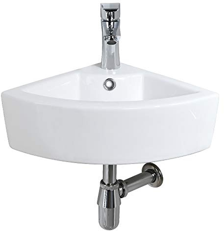 Wall Mount Corner Bathroom Sink with Faucet-Bokaiya 18x13 Inch Small Bathroom Sink with Overflow Wall Mount Triangle White Porcelain Ceramic Mini Vanity Space Vessel Sink