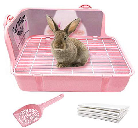 Bunny Litter Box with Grate, Rabbit Corner Litter Pan, Pet Toilet Potty Trainer with Scoop & Disposable Liner for Guinea Pig Ferrets Chinchilla