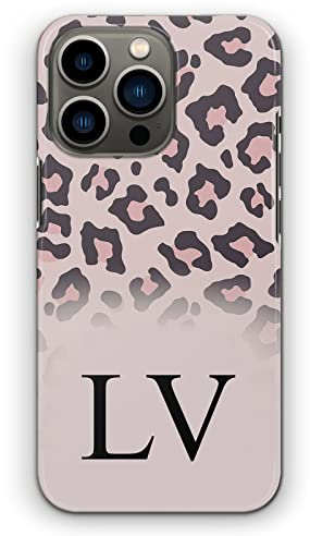 Personalised Initials Phone Case For Apple iPhones, 16, 15, 14,13, 12, 11, Pro Max, Mini, XR, SE Black Monogram, Initials on Pink Nude Leopard Print Hard Phone Cover