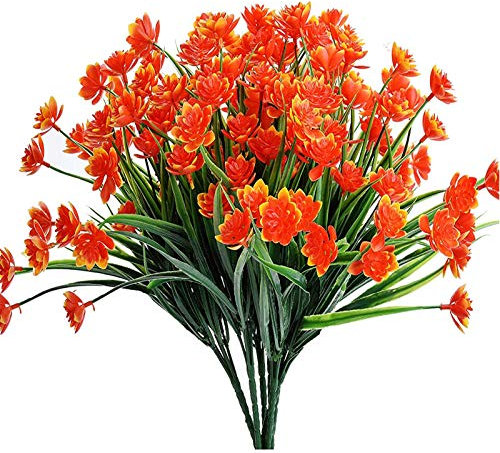 Leixi Artificial Flowers, 6pcs Fake Outdoor UV Resistant Plants Faux Plastic Greenery Shrubs Indoor Outside Hanging Planter Home Kitchen Office Wedding Garden Decor (Orange)