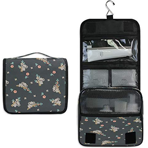 RXYY Hängend Kulturtasche Karikatur Koala Blumen- Blume Schwarz ausklappbar Bad Turnhalle Kulturbeutel Veranstalter tragbar kosmetisch Waschtasche für Frauen Mädchen