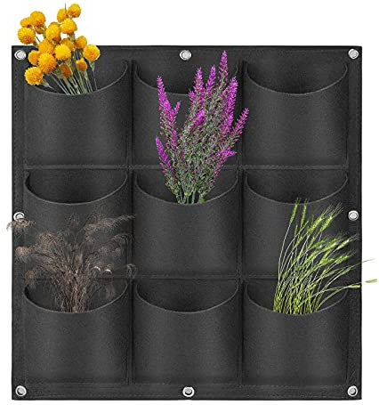 LITLANDSTAR Hanging Planting Grow Bags, 9 Pocket 0.5 m × 0.5 m Vertical Garden Wall Planter Flower Planting Container Wall-mounted Greening Planting Bag Outdoor Indoor Hanging Planter (Black)