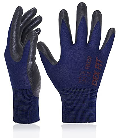 DEX FIT Nitrile Work Gloves FN320, 3D Comfort Stretch Fit, Power Grip, Durable Foam Coated, Thin & Lightweight Premium Nylon, Machine Washable, Navy 10 (XL) 3 Pairs