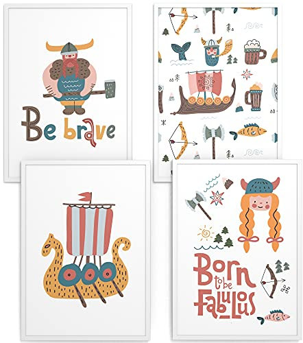 Papierschmiede® Kinderbilder 4er Set, A4 gerahmt in Holzrahmen (weiß), Geschenk für Jungen Wanddeko Kinderzimmer Babyzimmer, Boot Schiff Axt Krieger, Wikinger