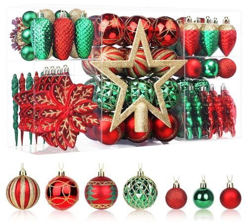 SHareconn Weihnachtskugeln Weihnachtsdeko Set Rot Und Grün 106 STK in 14 Farben, Bruchsichere Weihnachtsschmuck Bälle Dekoration für Weihnachtsbaum,Tolle Dekorationen für Weihnachtsfeier Hochzeit
