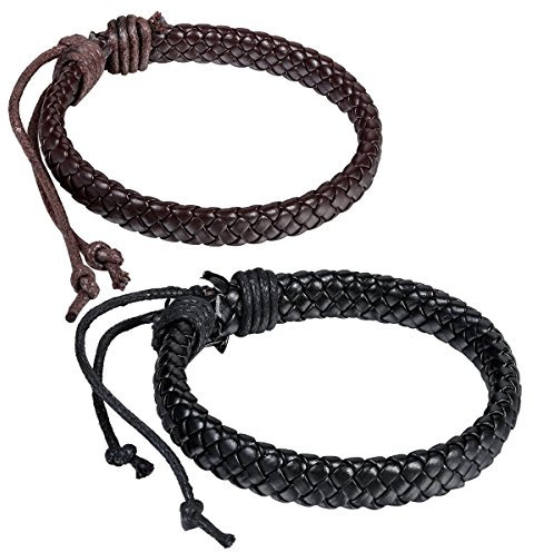 Flongo 2PCS Men's Womens Braided Black & Brown Leather Rope Woven Wrap Surfer Cuff Bracelets Set, Fit 7.6-10.6 inch Wrist …
