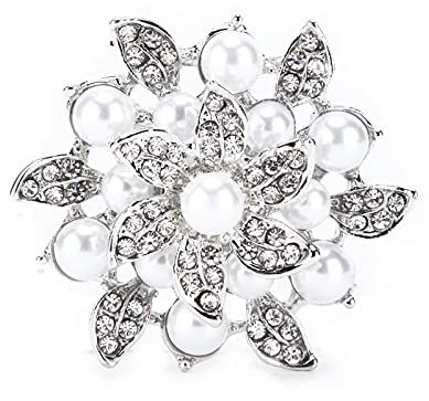 Cyrank Brosche Damen, Broschen Für Frauen, Strass, Kunstperlen, Blumenbrosche, Broschen und Anstecknadeln Für Damen, Elegantes Hemd, dekorative Clips, Broschen für Hochzeit(Silber)