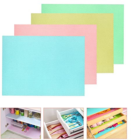 FuinCrea Kühlschrank Matten, 4 Stücke Bunte Weiche Waschbare Eva Regalmatte 17,7 x 11,4 Zoll Zuschneidbare rutschfeste Regaleinlagen für Küchenschrankregale Kühlschrankzubehör (4 Farben)