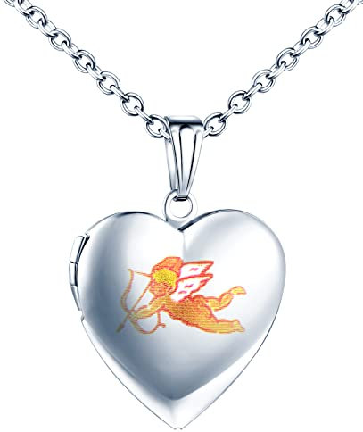 MicLee Damen Kette Foto Amor Herz Medaillon Photo Bilder Amulett Silber Edelstahl Anhänger Halskette mit Geschenkbox Grußkarte, Super Geschenk für Paar Pärchen Mutter Tochter