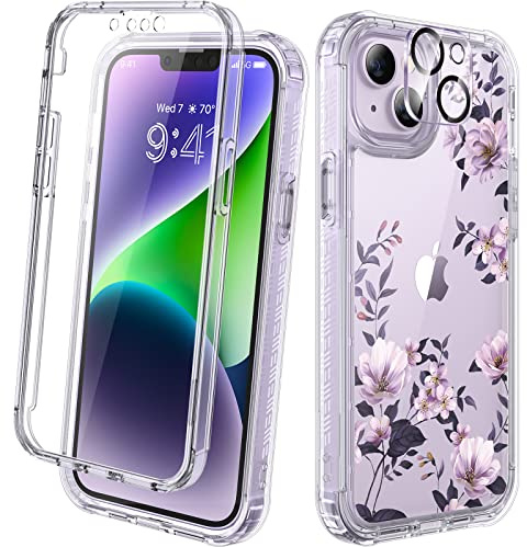 Diaclara Designed for iPhone 14 Case, Full Body Rugged Case with Built-in Touch Sensitive Anti-Scratch Screen Protector, with Camera Lens Protector for iPhone 14 6.1 (Clear Camellia)