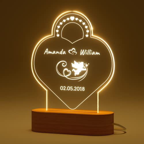 Bemaystar Personalisierte Herz Lampe mit Gravur - LED Herz Nachtlicht mit mit Namen und Datum und Mehreren Lichtern, Valentinstag, Jahrestag, Romantische Geschenke für Frauen