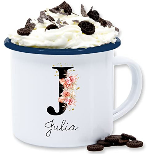 Emaille Tasse Blechtasse - Buchstabe mit Name personalisiert I Anfangsbuchstabe I Initiale - 300 ml - Weiß Blau - anpassbare namensbecher buchstaben j becher personalisierte initialen
