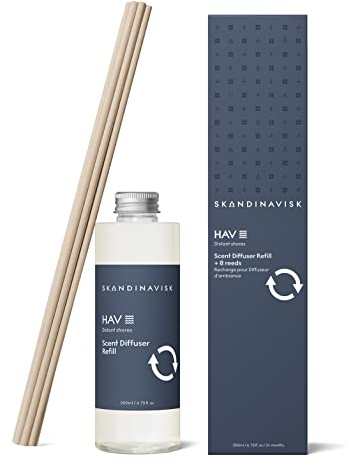 Skandinavisk HAV 'Meer' Duftstäbchen Diffuser Nachfüllung mit 8 Stäbchen. Duftnoten: Sprühwasser (Gischt), Seegras, Weißdorn und Strandrose. 200 ml.