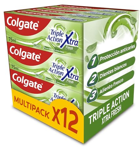 Colgate Triple Action Xtra Fresh Zahnpasta, Packung mit 12 x 75 ml, Zahnpasta mit Fluor, Schutz gegen Karies, hilft bei der Erhaltung weißer Zähne, frischer Atem für die ganze Familie