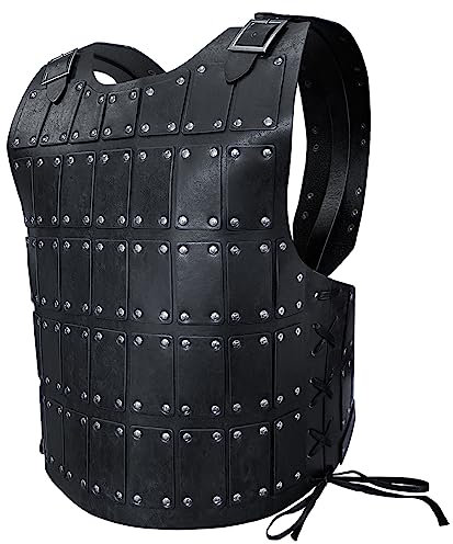 HiiFeuer Mittelalterliche Nietenleder-Rüstung, Vintage Söldner Körperpanzer Kunstleder, Verstellbarer Brustpanzer für LARP-Kostüm& Ren Faire (Schwarz A)
