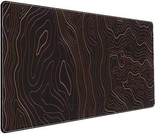 XXL Schwarz Orange Schreibtischmatte Gaming Mauspad, groß mit genähter Kante, minimale topographische Konturen, Mousepad, Tastatur, Laptop, aufgestelltes Mousepad