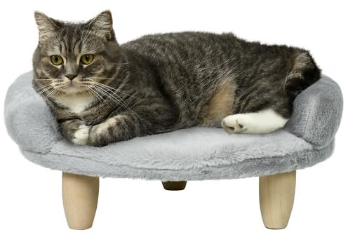 PawHut Canapé pour Chien lit pour Chien Chat Animal Domestique Amovible Lavable revêtement en Peluche Pieds en Bois de pin Solide 47 x 40 x 20 cm Gris