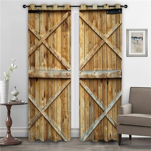 GELOUT Vorhiange Blickdicht Mit Motiv Fuir Das Schlafzimmer Scheunentür Aus Holz 214cm lang 264cm Breite 3D Gedruckt Gardinen Mit Osen 3D Muster Wohnzimmer Schlafzimmer