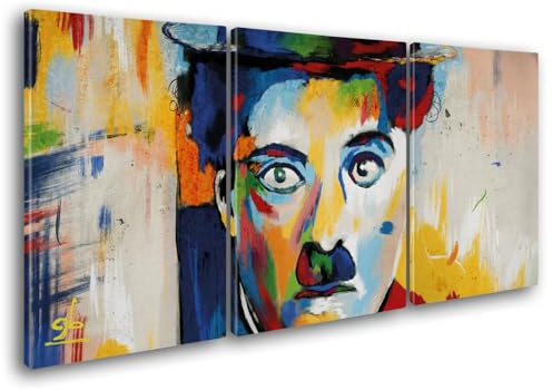 Giallobus - Peintures Grand Format XXL - Pop Art-Charlie Chaplin - Toile - 308x140cm | 3pcs. x 100x140cm - Grande Image
