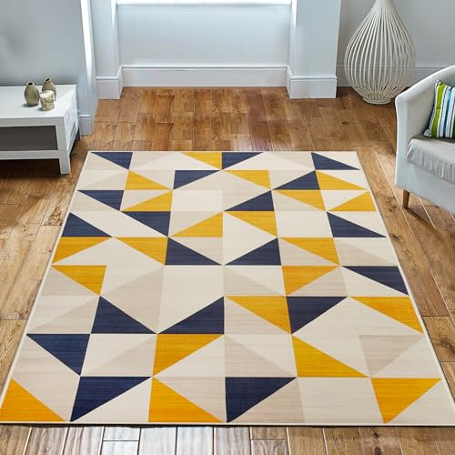 Imperial Rooms Rugs Living Room - Area Rugs for Bedroom 60x110 Cm Non Shedding Geometric Style Modern Kitchen Carpet Yellow Triangle Pattern Easy to Clean Durable Super Soft Rug (Brio)