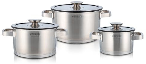 Meisterkoch Topfset Induktion Edelstahl Kochtopfset 3-teilig, Silikonring mit Sieb im Glasdeckel, Hitzeisolierende Griffe, Innenskala, spülmaschinengeeignet, für alle Herdarten