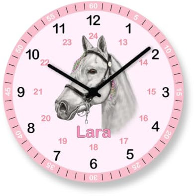Kinder Wanduhr Pferd Lernuhr Rosa mit Wunsch Name Kinderzimmer Uhr