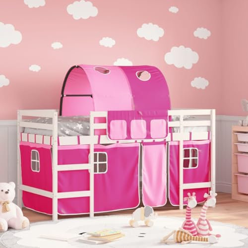 vidaXL Kids' Loft Bed with Pink Tunnel - Solid Pine Wood - Storage Space Optimizer - All Four-Side Safety Guardrails – Playful Design - Convenient Ladder - Indoor Use