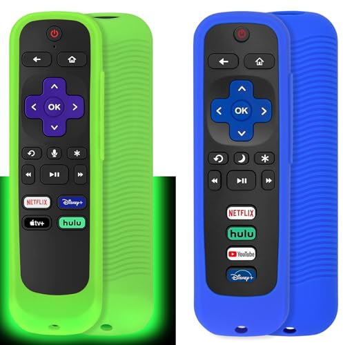 Pinowu Universal-Fernbedienung (2 Stück), kompatibel mit Roku Smart TV Steaming Stick Fernbedienung/Roku Voice Remote/Roku Premiere/Roku 2/3/4 Fernbedienung mit Handschlaufe (grün leuchtend und blau