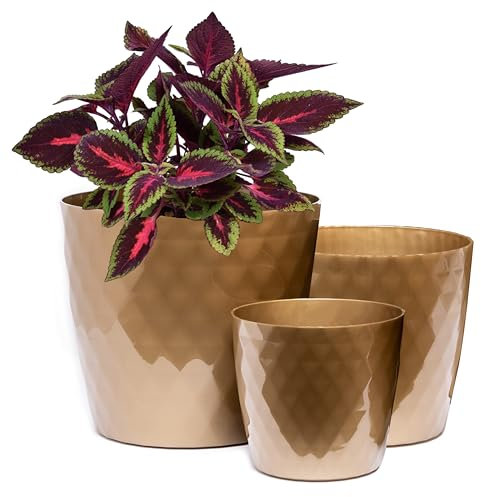 Home Garden Ornaments Vaso per Piante da Interno Dorato Set di 3 Misure 14/16/18 cm - Vaso da Esterno con Superficie in Cristallo Lucido - Vasi per Piante da Esterno (Dorato)