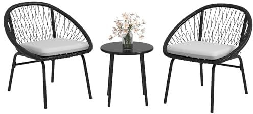 Outsunny Ensemble Salon de Jardin 3 pièces pour 2 Personnes avec Coussins d'assise Moelleux avec Corde en résine tressée et Acier époxy Noir