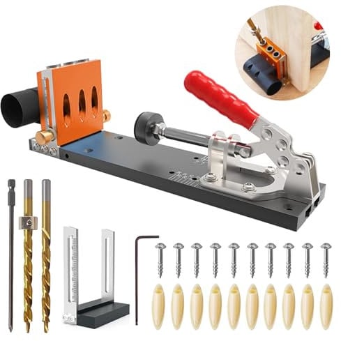 Pocket Hole Jig Kit,Schrägloch Bohrschablone,Taschen-Dübellochklemmen Vorrichtungs Set mit 10 Schrauben 10 Dübelhilfe und 2 Bohrer, Holzbearbeitung Verstellbarer Taschenloch Bohrhilfe Positionierer