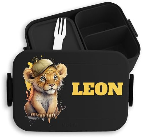 Kinder Bento Box Midi Lunchbox für Mepal Bentobox - Süßer Löwe Löwen Lion Leo - 900 ml - Schwarz - brotdose junge kindergarten brotzeitbox mädchen kita tiere snackbox fächern