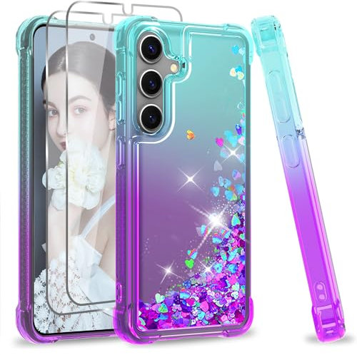 LeYi für Samsung Galaxy S24 Plus Hülle Glitter Handyhülle mit 2 Hartglas Folie, Glitzer Flüssige Cover Bling Wasser Air Cushion Stoßfest Schutzhülle S 24 Plus Handy Case Mädchen Türkis Lila