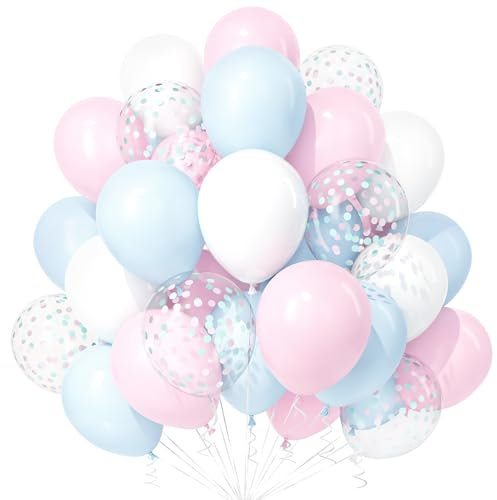 Teselife Ballons Rose Bleu 30 Pièces, Pastel Macaron Blanc Bleu Rose Confettis Ballon Ruban Fille Garçon Enfant Révéler Genre Baptême Bébé Douche Nuptiale Mariage Anniversaire Fête Anniversaire Déco
