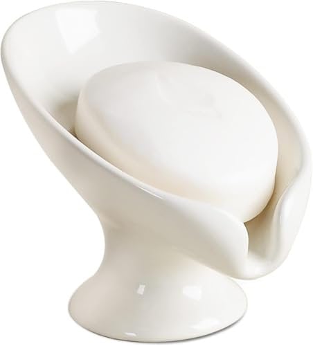 Umlaca Soap Dish Ceramic, Self Draining Soap Holde, Leaf Shape Soap Dish, Soap Tray Vintage, Suitable for Kitchen, Bathroom, Shower (White)
