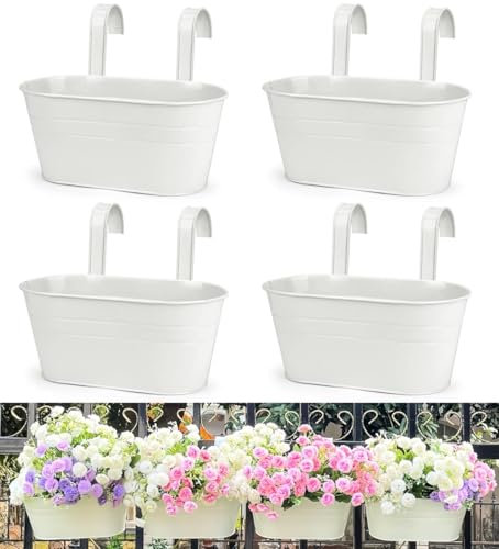 LATERN 4 Pezzi Vasi da Fiori D'attaccatura del Metallo, 27,5CM Vasi per Piante Grandi Secchio per Fiori Sospeso con Gancio Staccabile per Balcone Recinzione Giardino Casa Arredamento (Bianco)