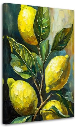 Feeby Viles - Leinwand Bilder - Zitronen Blätter Gemalt - 40x60 cm - Deko Wohnzimmer - Wandbilder Schlafzimmer - Deko Aesthetic - Wand Deko - Leinwand Groß - Deko Zimmer - Leinwandbilder XXL