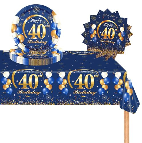 POPOYU 37Pcs Navy Blue Gold 40th Birthday Tableware Set,40th Birthday Napkins Blue and Gold,40th BlueGold Table Cloth,40thBirthday Paper Plates for Him Her Men Women BirthdayGift Party Supplies