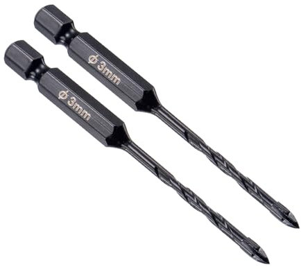 CoCud Mèche de Perceuse Pour Maçonnerie, Diamètre de Coupe 3 mm, Longueur 82 mm, Queue Hexagonale 1/4, Pointe en Carbure en Croix, Ensemble de Mèches de Perceuse en Béton Noir, 2 Pcs