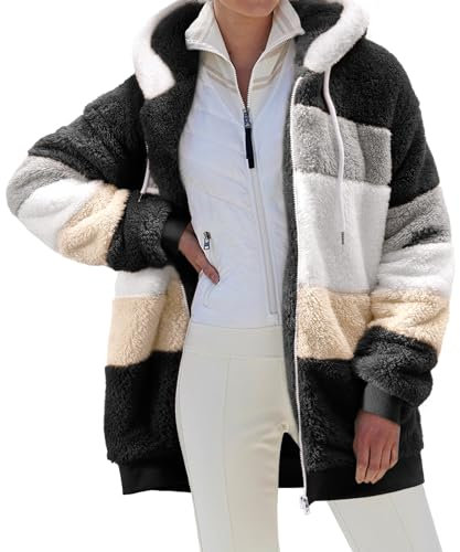 CMTOP Womens Teddy Hoodies Fleece Coats Winter Warm Sherpa Jacket Full Zip Up Hooded Cardigan Fuzzy Sweatshirt Long Sleeves Plush Fluffy Oversized Hoodie Outwear with Pockets, Drawstring(Black,L)