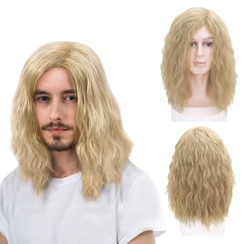 TSHAOUN Lange Blond Perücke für Herren, Herrenperücke Lange Lockige Welle Geschichtetes Haar Herren Kostüm Hippie Rockstar Männer Perücke für Halloween Cosplay Täglich Fasching Perücke (Blond)