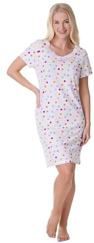Camille Womens Nightdresses Smooth Soft 100% Cotton - Short Sleeved Breathable & Lightweight Summer Nighties - White Multi Spot - 14-16