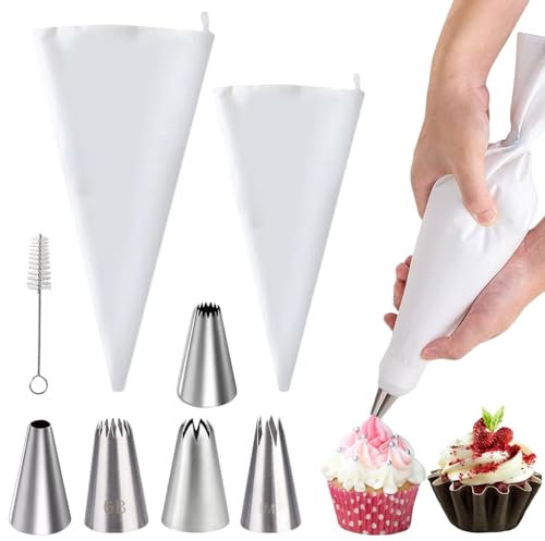 Demarsen Spritzbeutel Set,Weiß Baumwolle Spritztüte mit 5 Verschiedenen Edelstahl Spritztüllen,Wiederverwendbar Torten Spritztüllen Set zum Dekorieren von Torten Krapfen Cupcakes