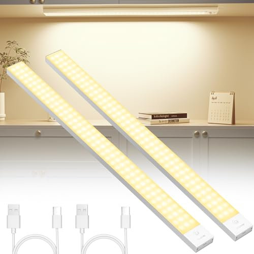 OUILA Unterbauleuchte Küche LED 2 Stück 60CM Schrankbeleuchtung Batterie 5000mAh USB Wiederaufladbar Magnetische Lampe Kabellos Schranklicht mit Bewegungsmelder für Schlafzimmer, Werkstatt (Warmweiß)