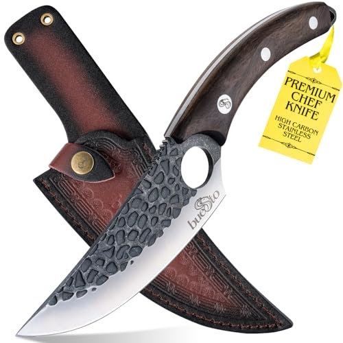 BUESTO Chef Knife 6 inch – Ergonomic Japanese Knife with Leather Sheath & Gift Box, Full Tang High Carbon Kitchen Knives, Anti-Stick & Long Lasting Multipurpose Cooking Knives for Home & Outdoor BBQ
