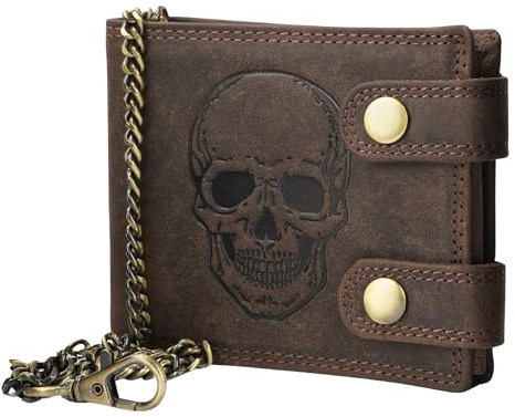 Manza Echt Leder Biker Geldbörse Portemonnaie Geldbeutel Sauvage Leder mit RFID Schutz (Totenkopf, Braun)